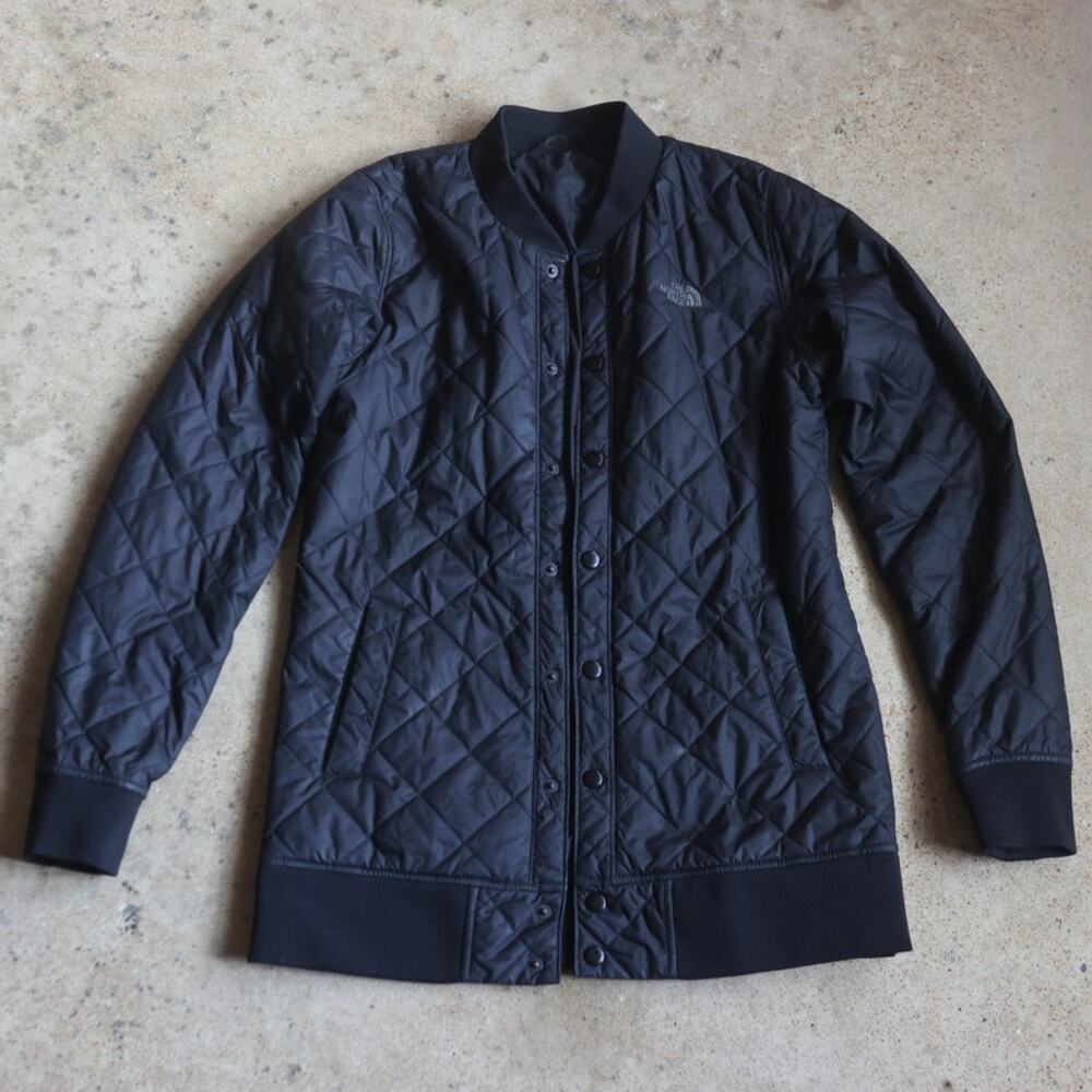 The North Face Women's Long Quilted Bomber Jacket Black Snap Front Coat Size S